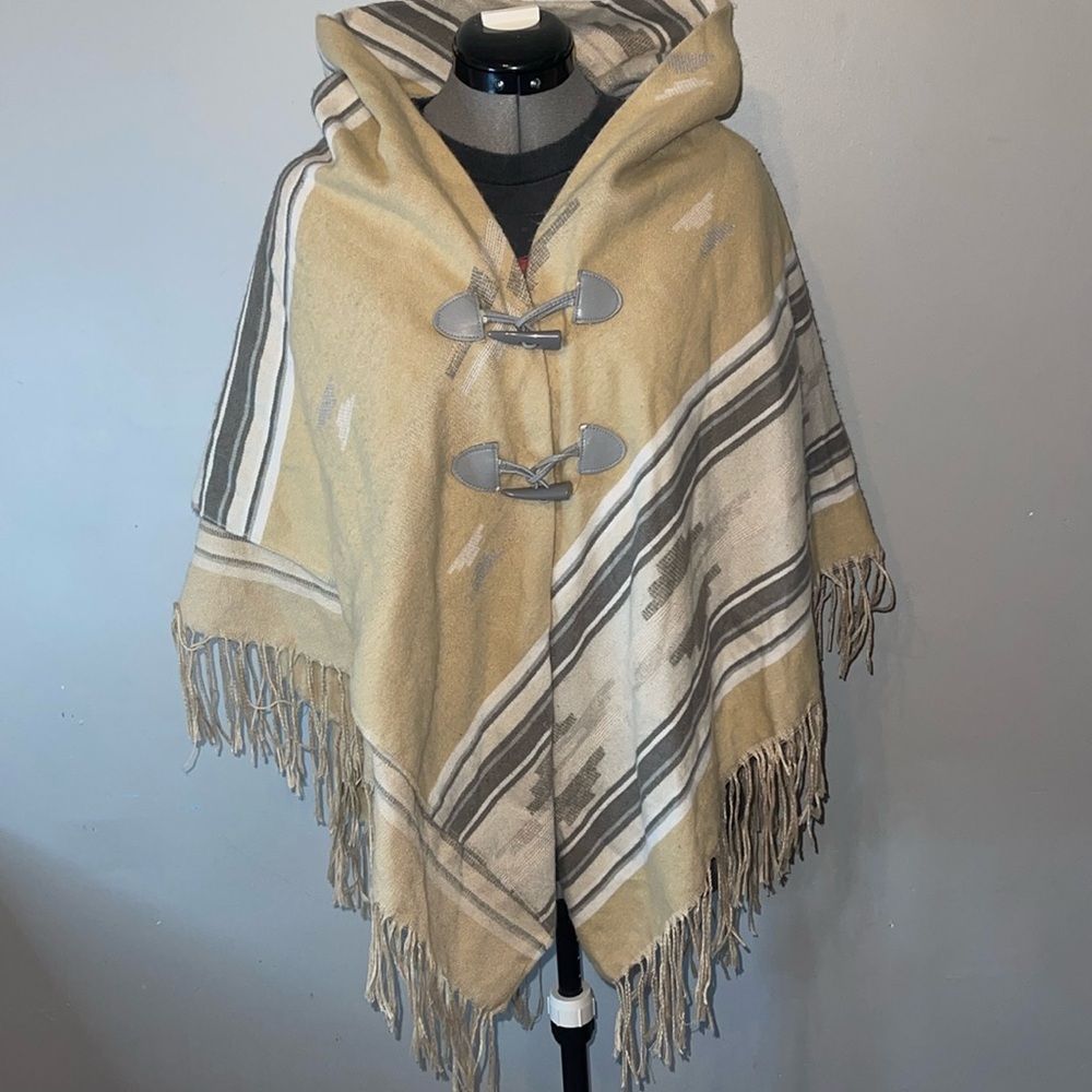 Beige Poncho with Fringe